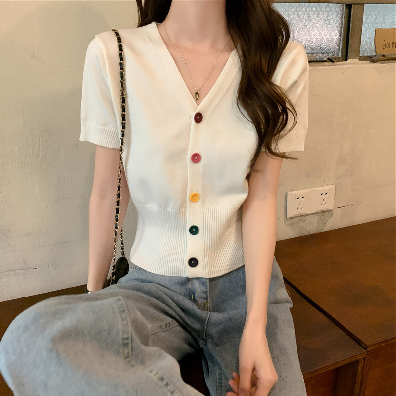 Short-Sleeved Ice Silk Knitted T-Shirt Women's Short V Neck Colorfulful Button Cardigan Short-Sleeved Outer Wear Slim Thin Top Trendy