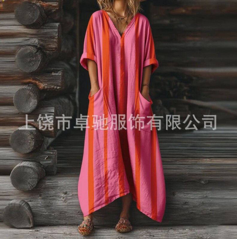 2025新款独立站女式复古花卉艺术图案印花口袋V领口袋连衣裙|undefined