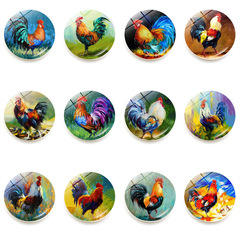Amazon Hand-painted Oil Painting Rooster Fridge Magnet Crystal Glass Whiteboard Sticker 25mm
