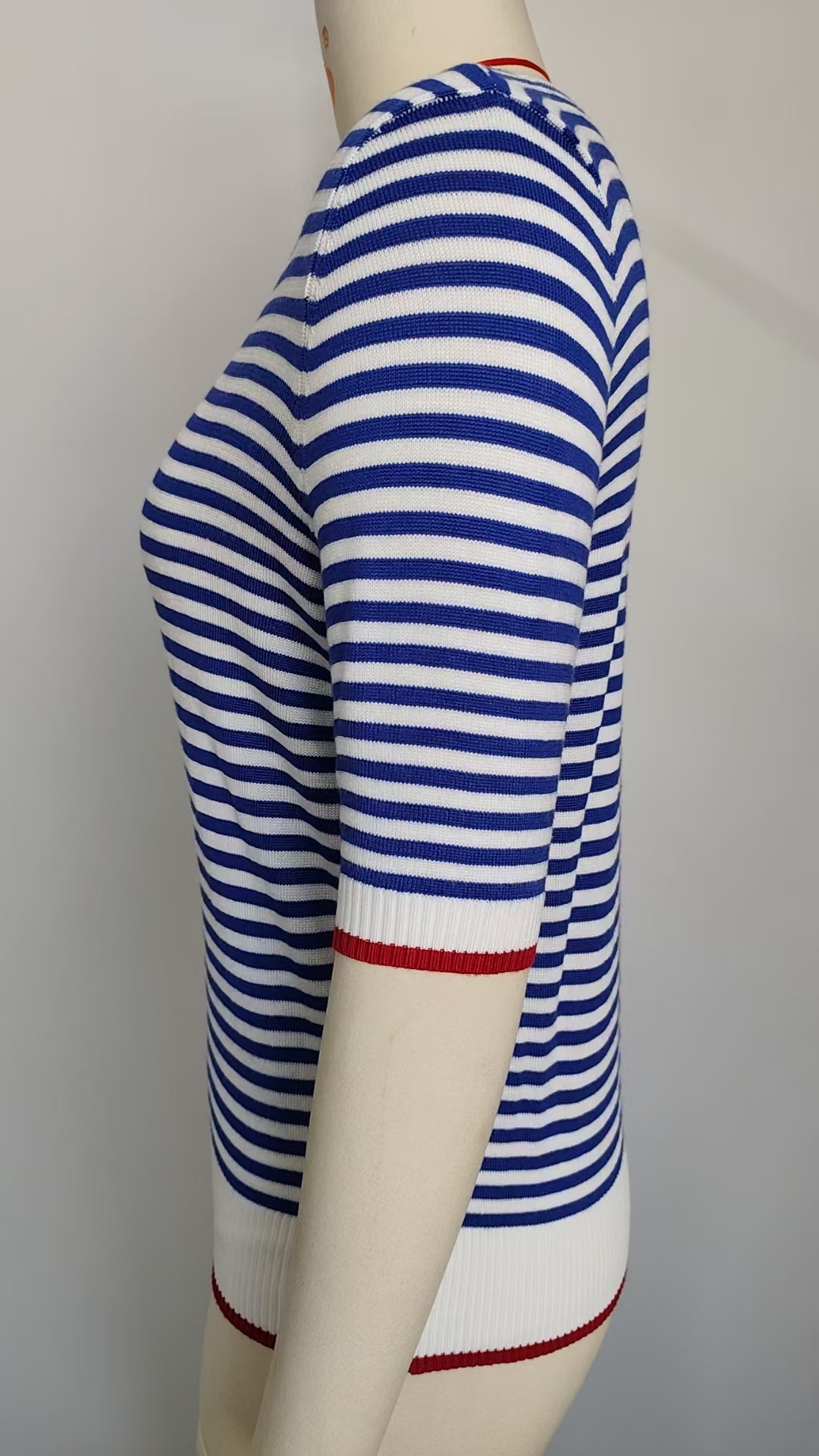 Women Clothing Summer Stripe Knitted T shirt Short Sleeve Ice Silk Contrast Color British College