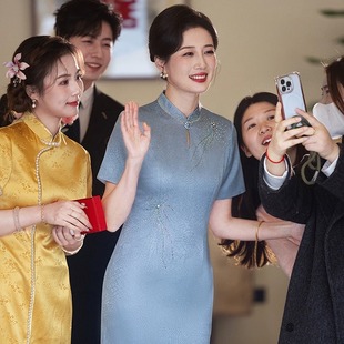 New Chinese Style Vertical Collar Improved Short Sleeve Cheongsam Blue Young Mother Dress Cheongsam 2025 New Daily Wear Women