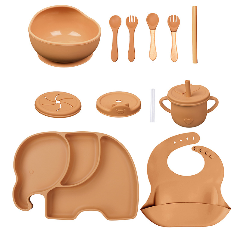 Conjunto de cubiertos para niños tazón de alimentos suplementarios platos de silicona tazón de cuchara de tenedor bib taza de agua de grado alimenticio para bebés alimentación suplementaria