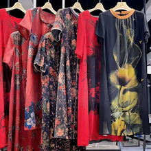 蝶23妗夏季中老年人桑蚕丝连衣裙重工刺绣真丝缎裙子清仓走份尾货