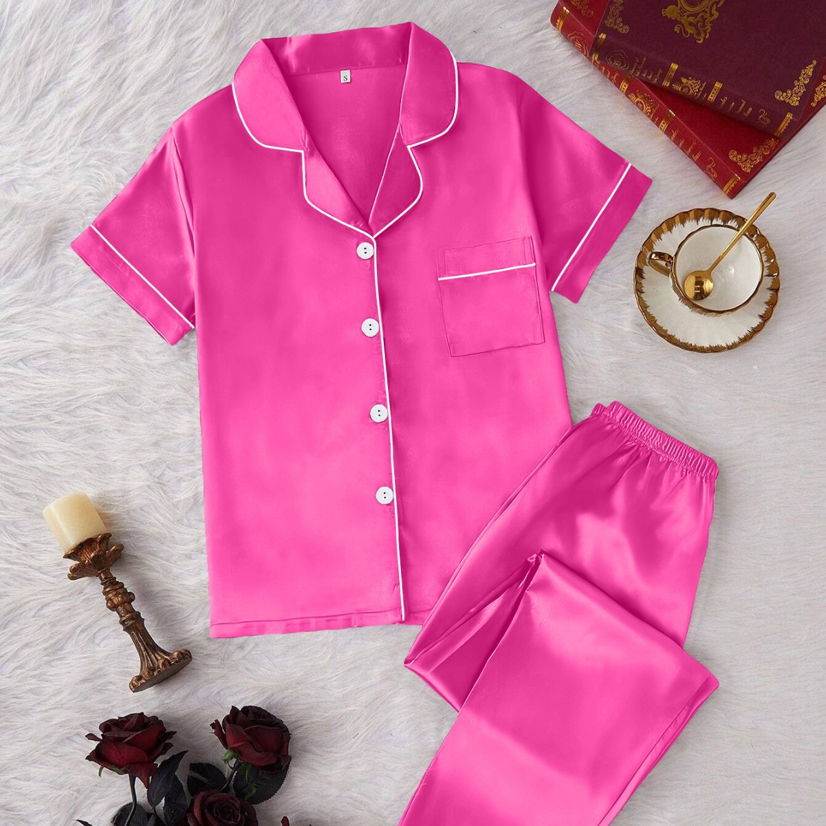 European and American Cross-Border Export Satin Summer Pajamas Solid Color Cardigan Lapel Short-Sleeved Pants Glossy Women's Home Wear Set