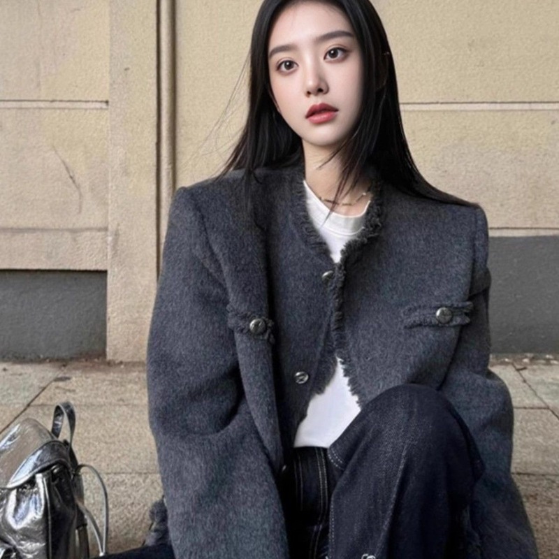 法式灰色名媛小香风外套女秋冬2025新款胖mm加厚毛呢外套短款上衣|undefined