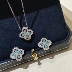 S 925純銀ループ四つ葉草ネックレス青ドリル透かし彫り海藍宝花形ネット赤爆金花満ドリルネックレス