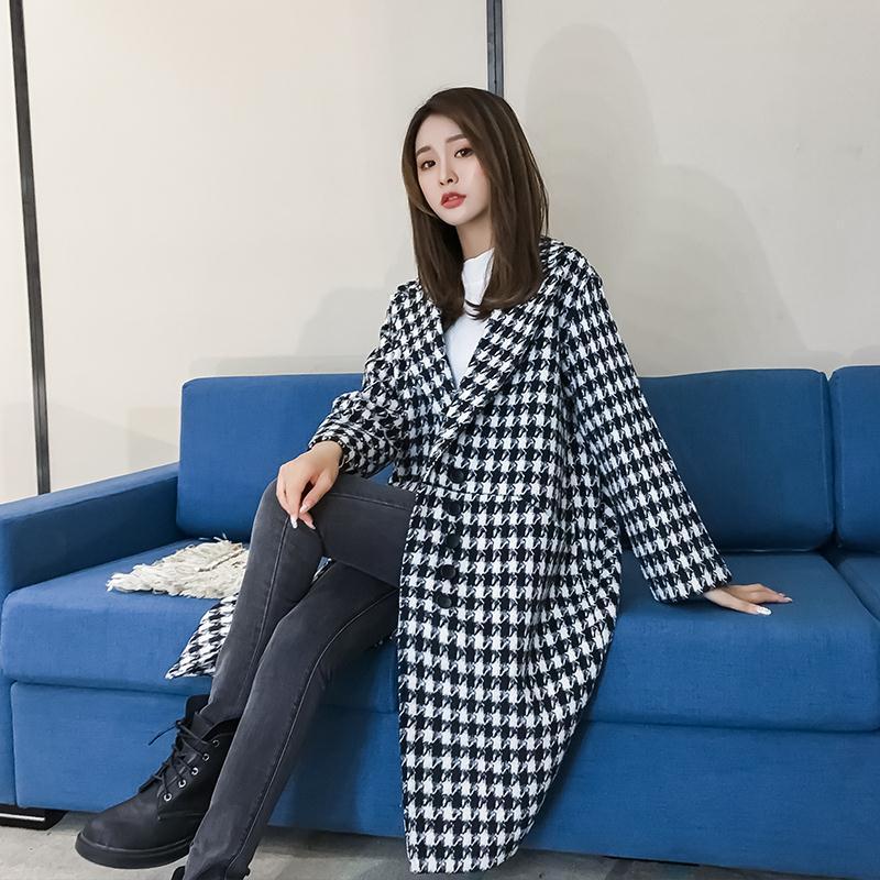 Autumn and Winter Korean Style Mid-Length Houndstooth Plaid Large Size Woolen Outwear for Women over the Knee Cocoon Type Thickeneded Fleece-Lined Material