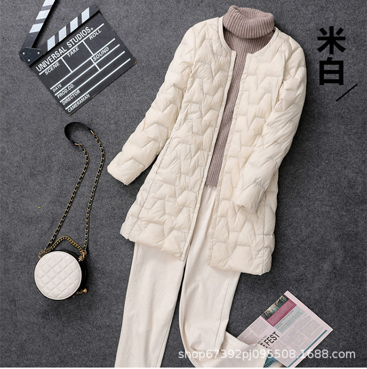 Autumn and Winter down Jacket for Women, Collarless Mid-Length Coat, Lightweight Round-Neck Inner Layer, Slim Fit, Cross-Border Style