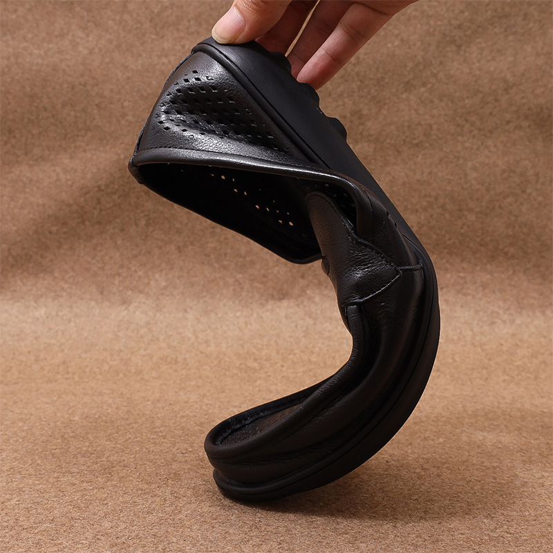 男士夏季鏤空皮鞋軟底軟面頭層牛皮一腳蹬休閒男鞋輕便舒適懶人鞋