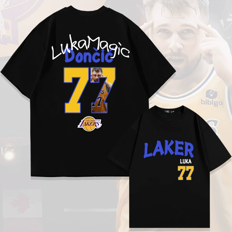 Lakers Dončić № 77 футболка из чистого хлопка с короткими рукавами, мужская летняя модная свободная одежда с открытыми плечами и половиной рукавов