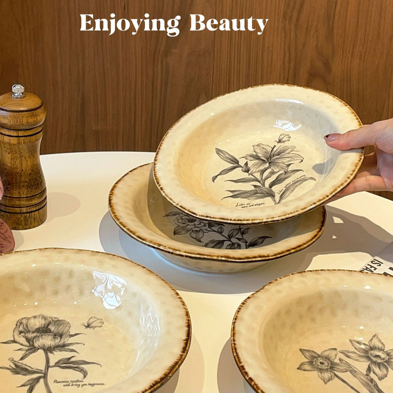 Japanese Style Straw Hat Plate Vintage Flower Deep Plate Pinta Plate Western Food Plate Creative Plate Dish Plate Salah Plate Dessert Plate