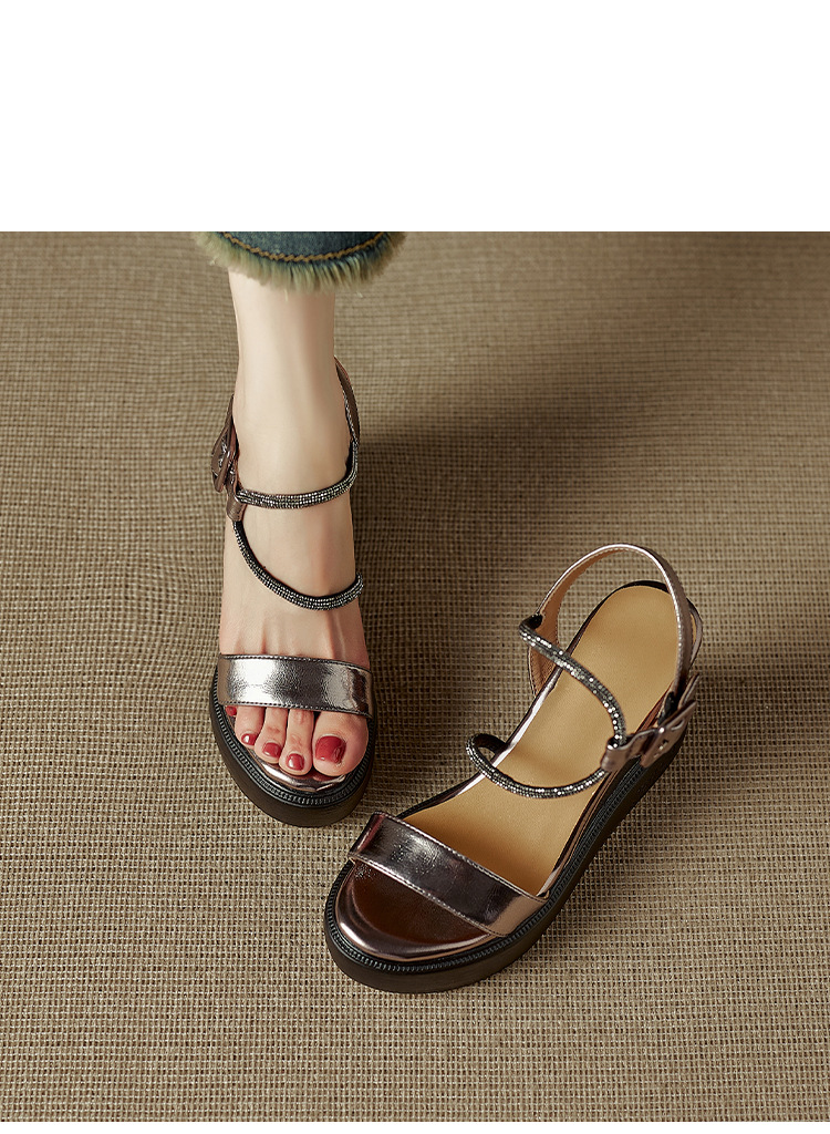 Sandal cao gót nữ quai ngang đính đá bạc, đế xuồng platform, gót 9 cm, hở mũi — Màu súng, bạc chi tiết 14