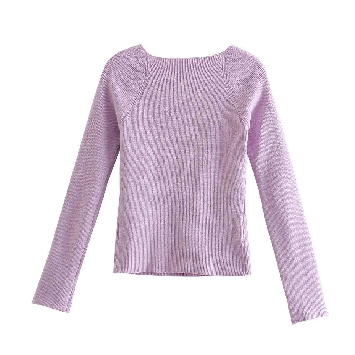Retro Peach Heart Collar Long-Sleeved Tight-Fitting Pit Strip Solid Color Knitted Top NSZQW115377