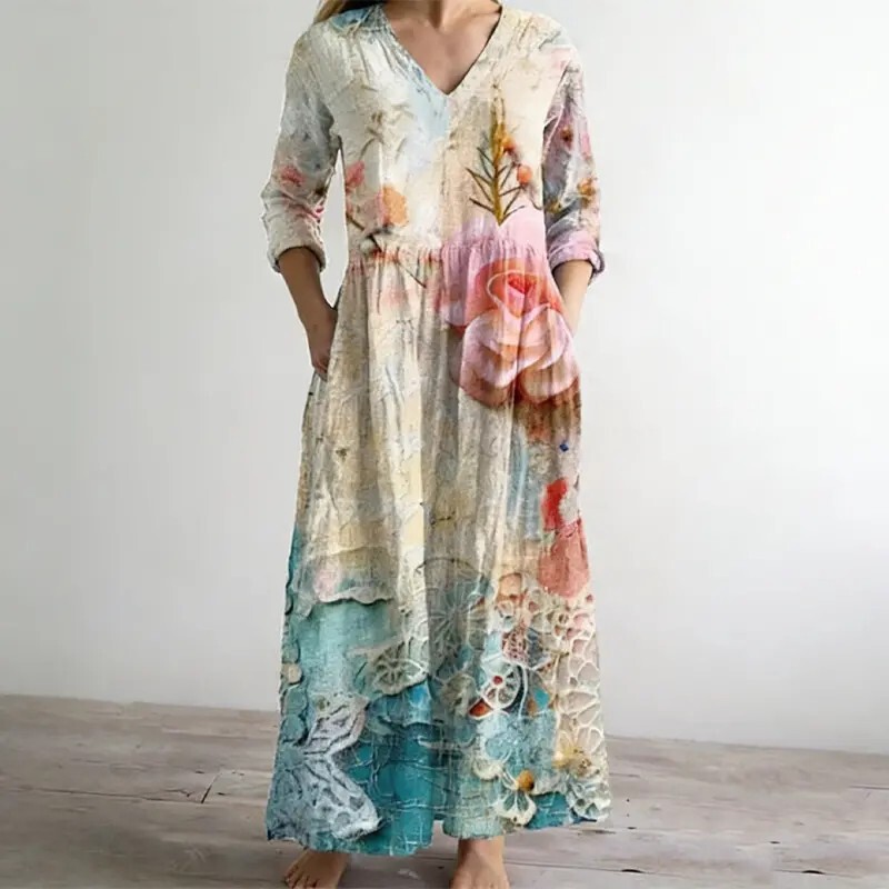 2026 New Summer Maxi Dress Casual V-Neck Long Sleeve Bohemian Peacock Print Floral Long Dress