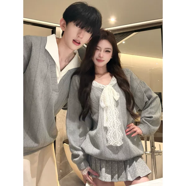 2026 Autumn/Winter Couple's Outfit: Fleece-lined, Thickened, Sweet Lace, Gentle Style, Casual Sweatshirt for Men