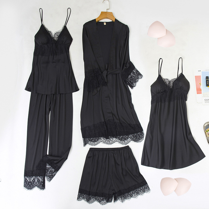Yaoting-pijamas de gasa satinada para primavera y verano, conjunto de cinco piezas de seda helada, ropa de casa sexy informal y sencilla con almohadillas para el pecho