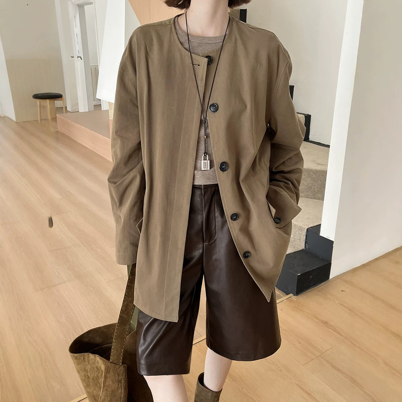 [No Returns or Exchanges] Autumn Women's French-Style Linen-Cotton Twill Round-Neck Waist-Cinching Jacket Trench Coat Wta695