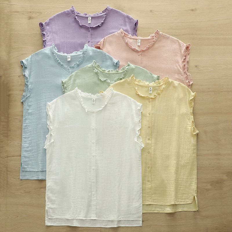 8100 Fresh Solid Color Ruffled Breathable Cotton Gauze Sleeveless Shirt Women's 2026 Summer New Casual Top 8100 Fresh Solid Color Ruffled Breathable Cotton Gauze Sleeveless Shirt Women's 2026 Summer New Casual Top