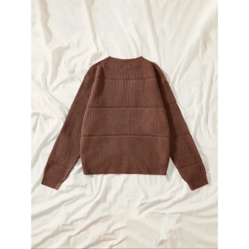 Solid Round-Collar Knit Sweater, Brown, Oversized Style, Sizes 1XL–5XL