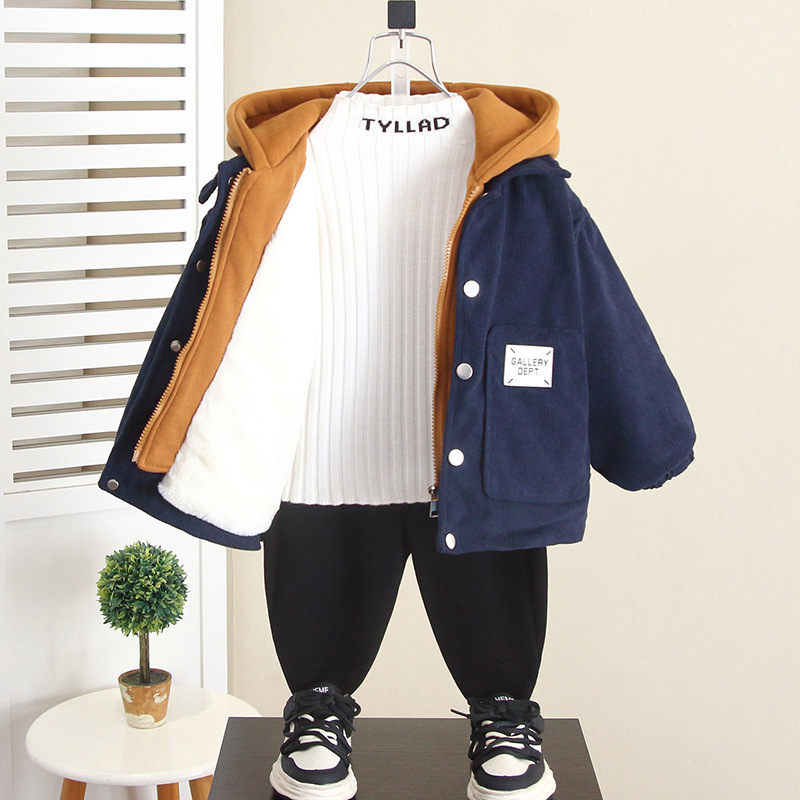 6730 Chaquetas de algodón de dos piezas falsas para niños Invierno 2025 Nuevos modelos de otoño e invierno para niños más abrigo de algodón grueso de terciopelo bebé