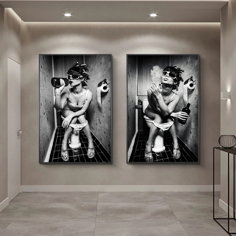 Toilet sexy girl Nordic canvas painting art poster printing wall black and white wall decorative painting