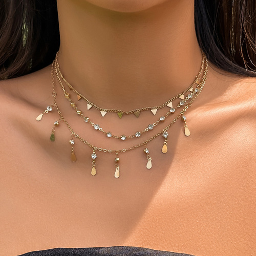 European and American cross-border jewelry Colorful gravel ethnic pendant tassel necklace Simple stacked thin chain star and moon necklace