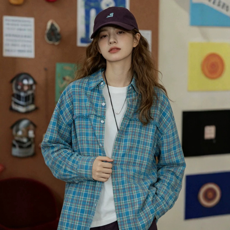 French-style vintage blue plaid polo collar long-sleeve shirt for women, 2026 autumn new model, loose and versatile, age-reducing shirt