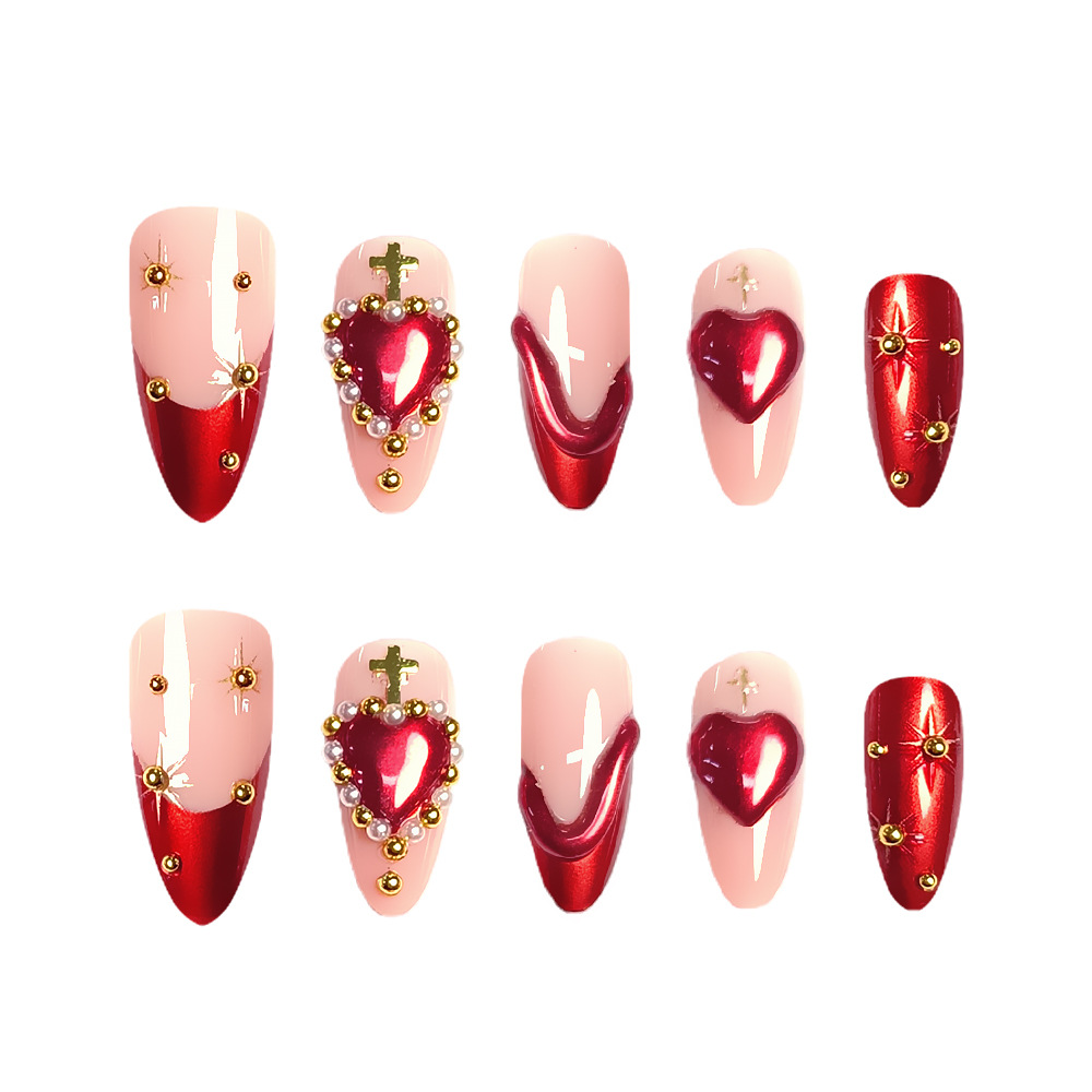 Corazón santo, diamante rojo, cereza, cruz de uñas, comercio exterior, lujo exquisito, 24 piezas de parche de uñas.