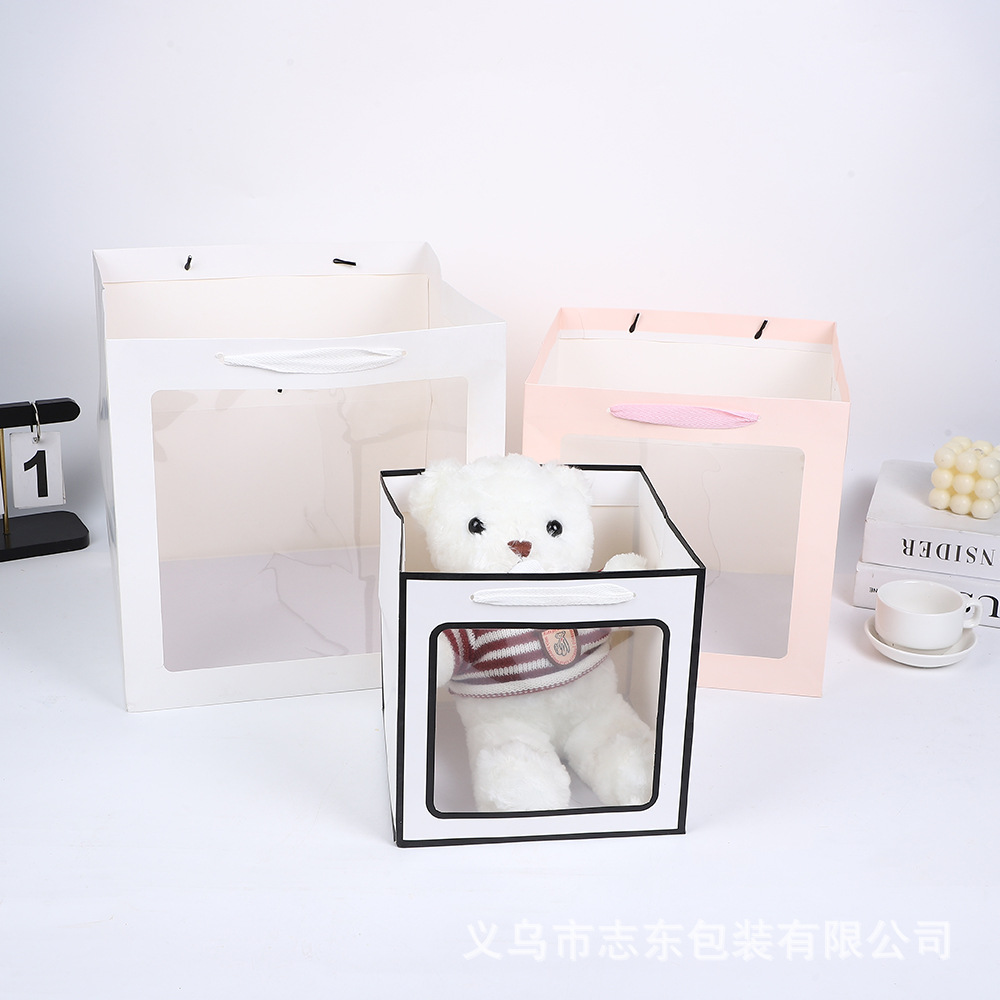 加厚正方形包装袋 鲜花婚庆宽底礼品袋 透明开窗手提礼袋纸袋批发