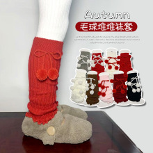 女童袜套秋冬长筒蝴蝶结毛球袜套儿童女孩堆堆小腿套可爱宝宝红色
