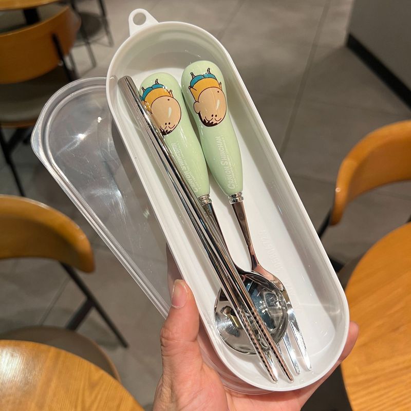 本物のクレヨンしんちゃん子供用セラミック 304 スプーン箸家庭用ライススプーンステンレス鋼学生ポータブルカトラリーボックス|undefined