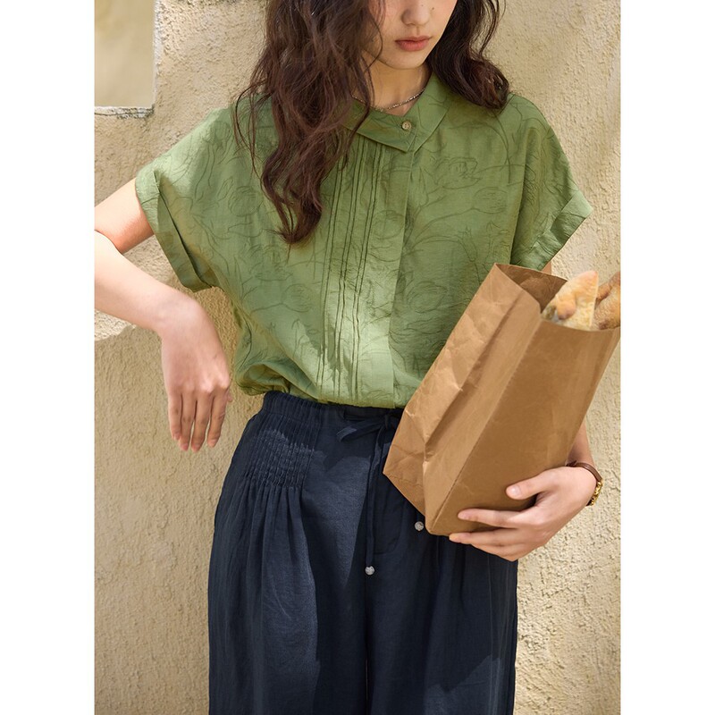 French Linen Jacquard Asymmetrical Lasel Short Sleeve Shirt for Summer