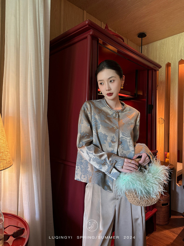 鹭青一【赋蓝归】新中式提花外套女春秋休闲阔腿裤国风套装|undefined