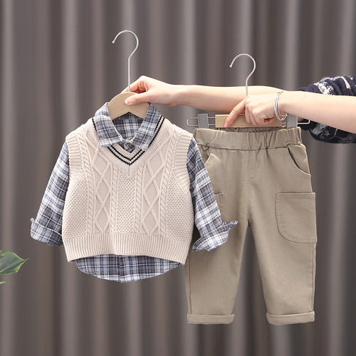 Children's long-sleeved vest set baby knitted sweater cardigan boy spring and autumn three-piece set infant children's clothing