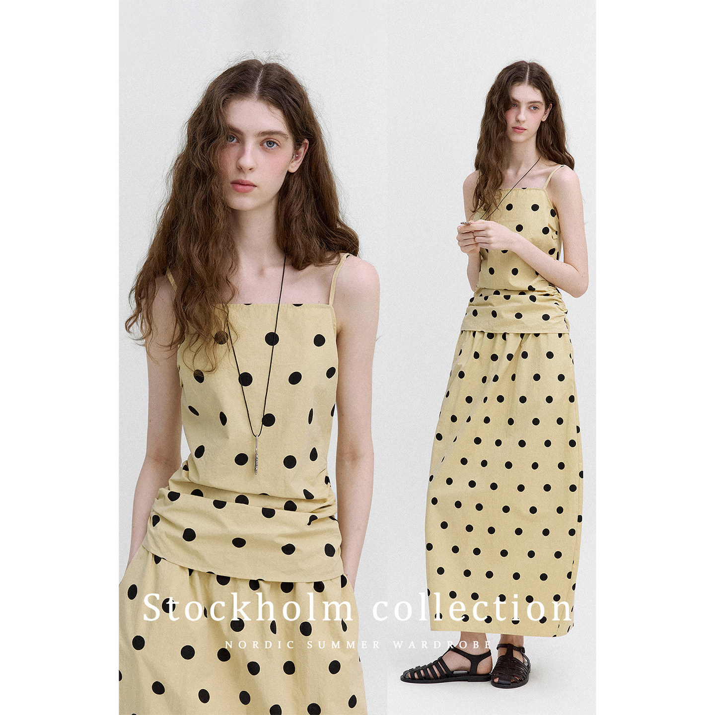 Letm Scandinavian Retro Denim Polka Dot Waist Pleated Suspender Top Silhouette Skirt Suit for Women