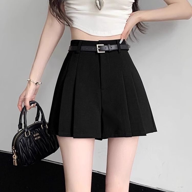 Gray Suit Shorts for Women 2025 New Popular Pleated Culottes One-Piece Fake Two-Piece Wide-Leg Culottes 2025 New Style