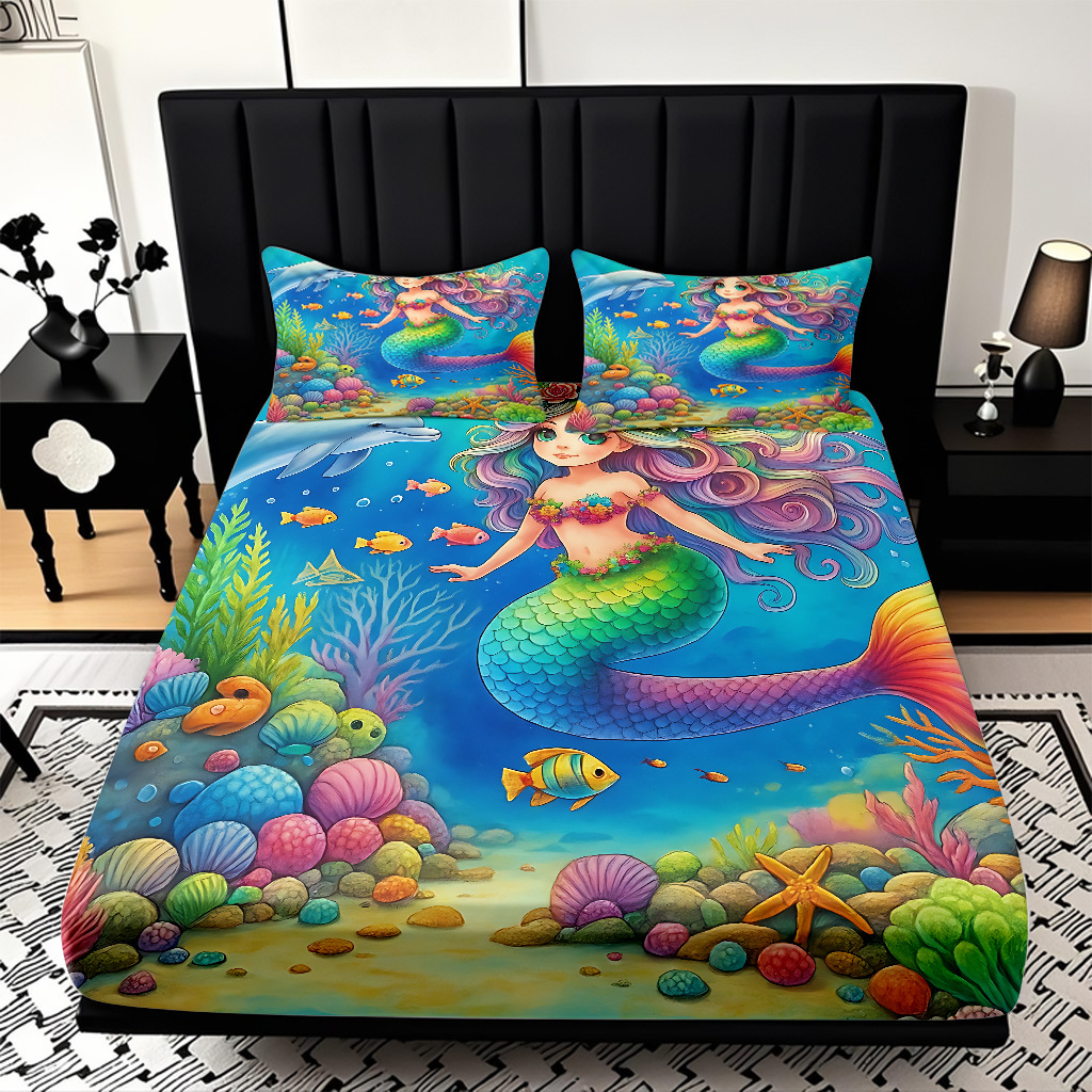 JIT modo Temu 3D impresión de caricatura sirena cama textil casera camisa ropa de cama tres piezas set transfronterizo mayorista