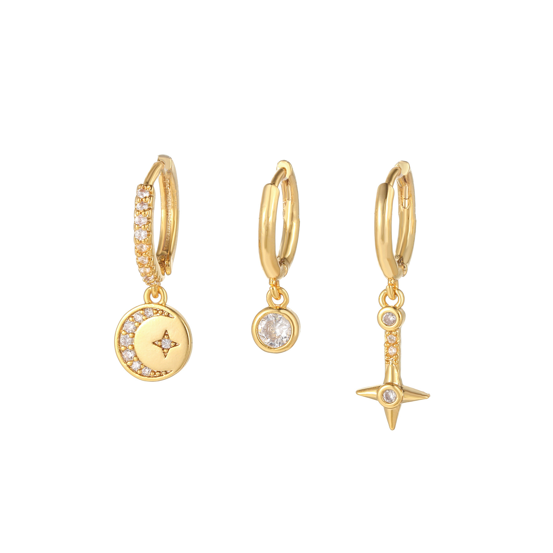 Micro Inlaid Zircon Star Moon Ear Clip Three-Piece Earring set