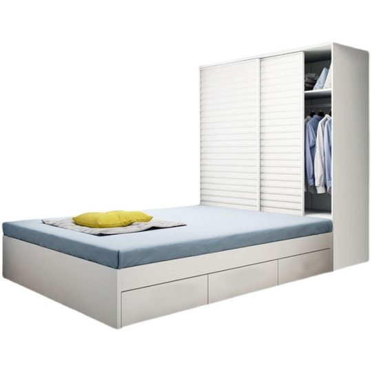 Modern Simple Tatami Bed Wardrobe Integrated Small Apartment Bedroom with sliding door Children's Room Solid Wood Storage Bed