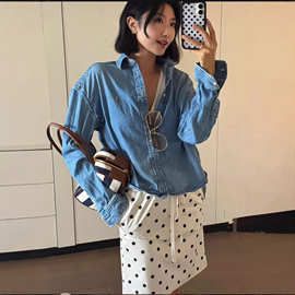 法式上衣女秋冬新款经典刺绣翻领POLO宽松休闲长袖牛仔衬衫女长袖