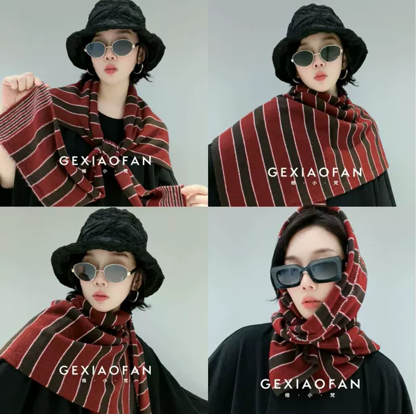 Aprey Vintage Color-Block Striped Knit Shawl for Women, Versatile and Warm for Autumn and Winter, Large Scarf to Wear as a Cape