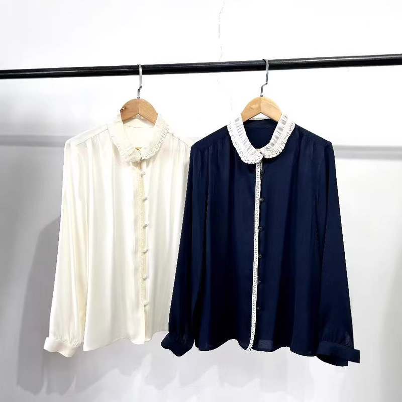Shenzhen Nanyou Silk Lace Trim Shirt with Max Stand Collar, Lace Trim, Color-Blocking Silk Long-Sleeve Shirt for Cross-Border Trade