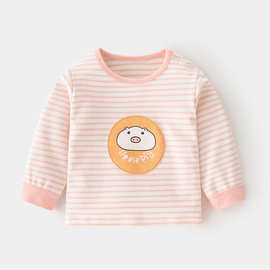 婴儿纯棉单上秋衣服条纹男女童春秋宝宝内衣打底衫童装肩开T恤