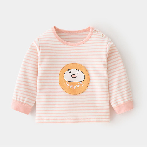 Baby pure cotton single top autumn clothes striped boys and girls spring and autumn baby underwear bottoming shirt children's clothing shoulder open T-shirt