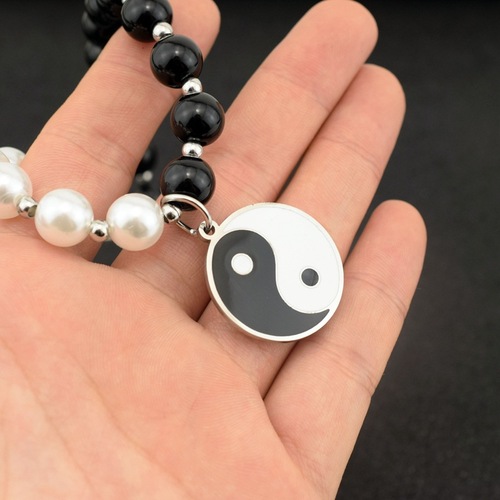 2pcs Stainless steel necklace Tai Chi disc pendant necklace Black and white pearl long necklace Punk rock dance unisex choker