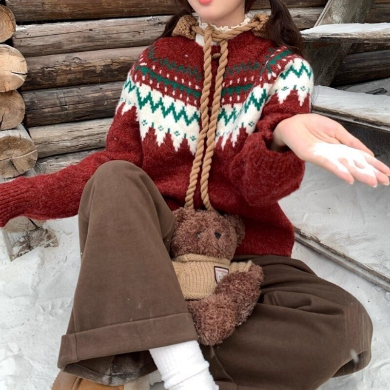 Fair Isle Christmas Autumn-Winter Vintage Color-Block Festive Atmosphere Toggle-Button Casual Style Sweater Cardigan Coat for Women