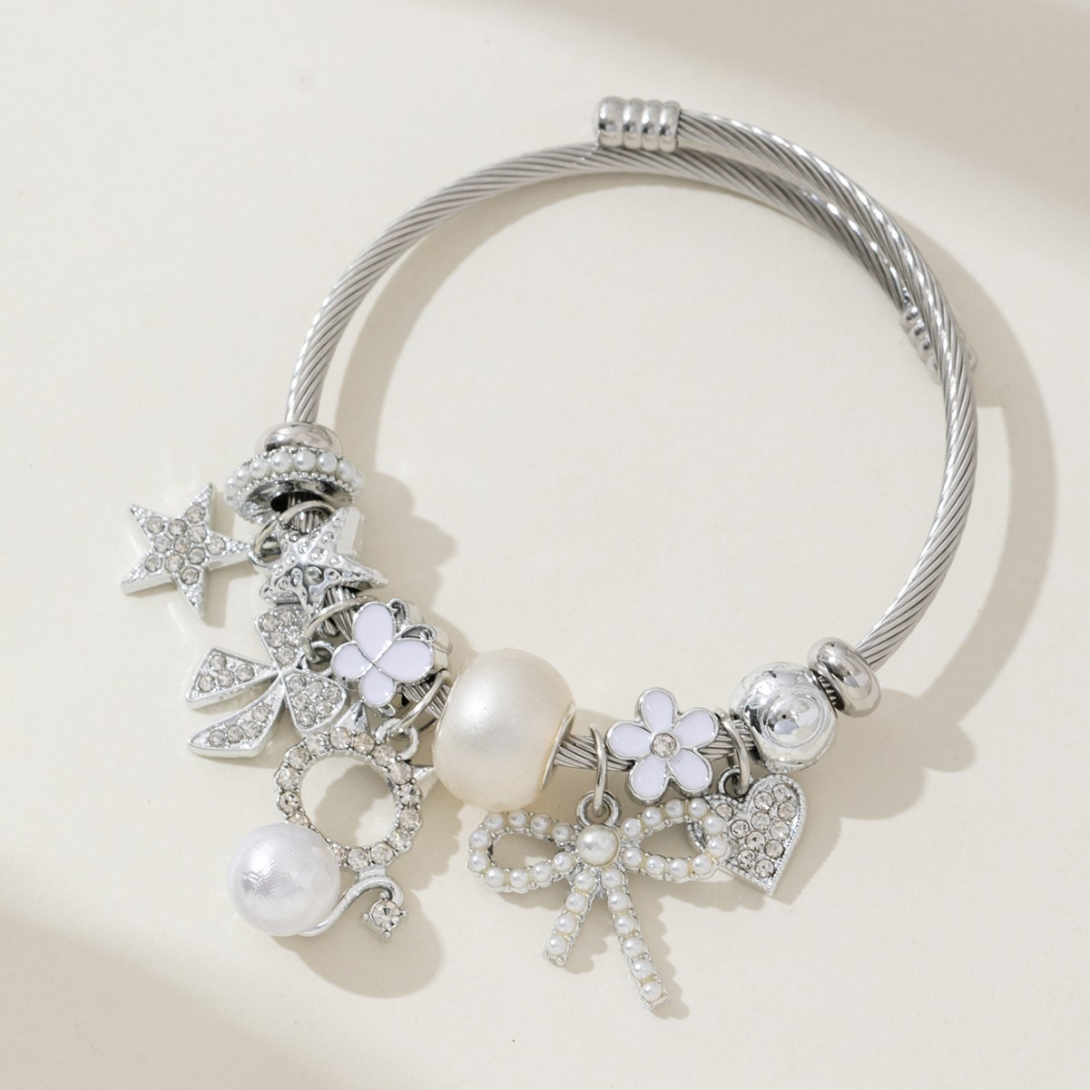 Pulsera Pan estilo explosivo transfronterizo brazalete con cuentas de bricolaje lazo de gato de perlas amor estrella de cinco puntas joyería de moda image 4