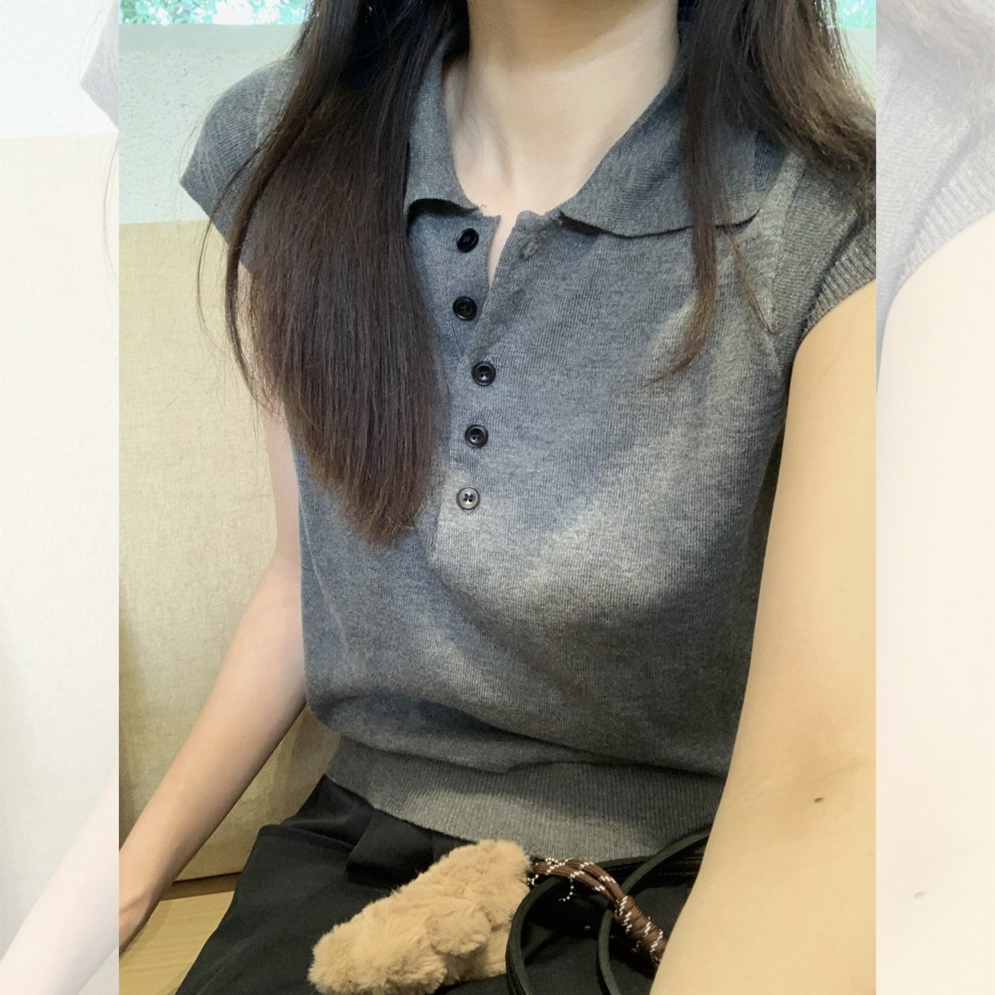 カレッジスタイルポロラペルニットテンセル半袖Tシャツレディース夏スリムフィットスモールフライングスリーブ右肩トップボトリングシャツ