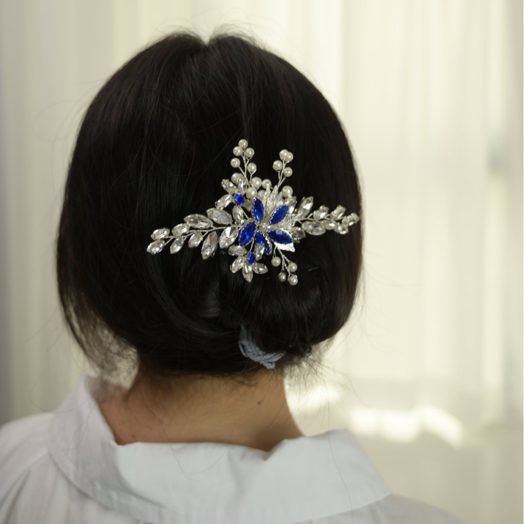 European and American cross-border pearl blue diamond comb simple bride headgear handmade ancient style hair accessories Xiuhe hair comb wholesale 