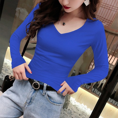 V-neck women's spring autumn inner layer stylish high-quality autumn top regular shoulder slim fit long sleeve chicken heart collar T-shirt trendy